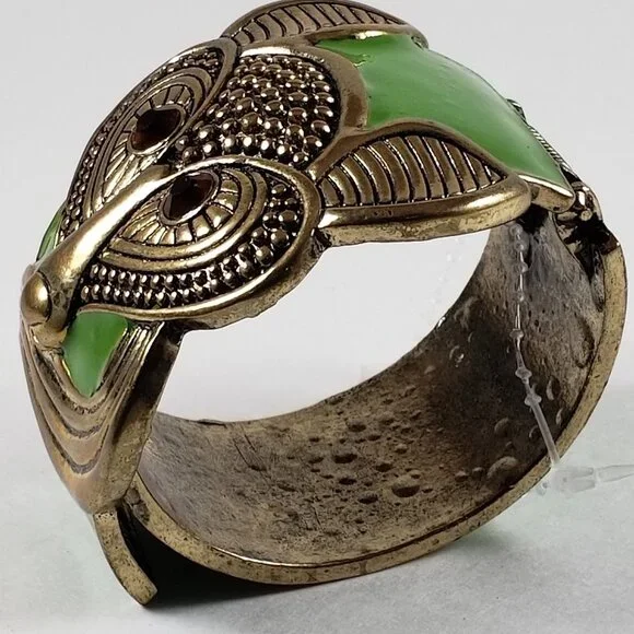 Vintage Gold-Tone Fox Cuff Statement Bracelet – Green Enamel & Gemstone Eyes - Picture 3 of 5